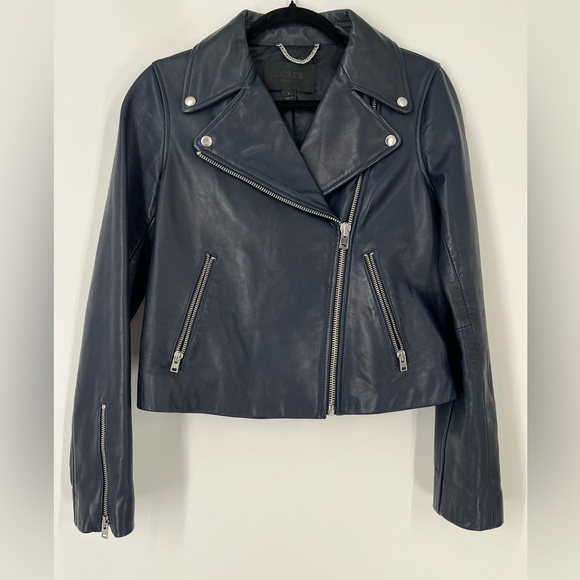 J crew collection navy blue Leather Moto jacket size 4 - Picture 2 of 7